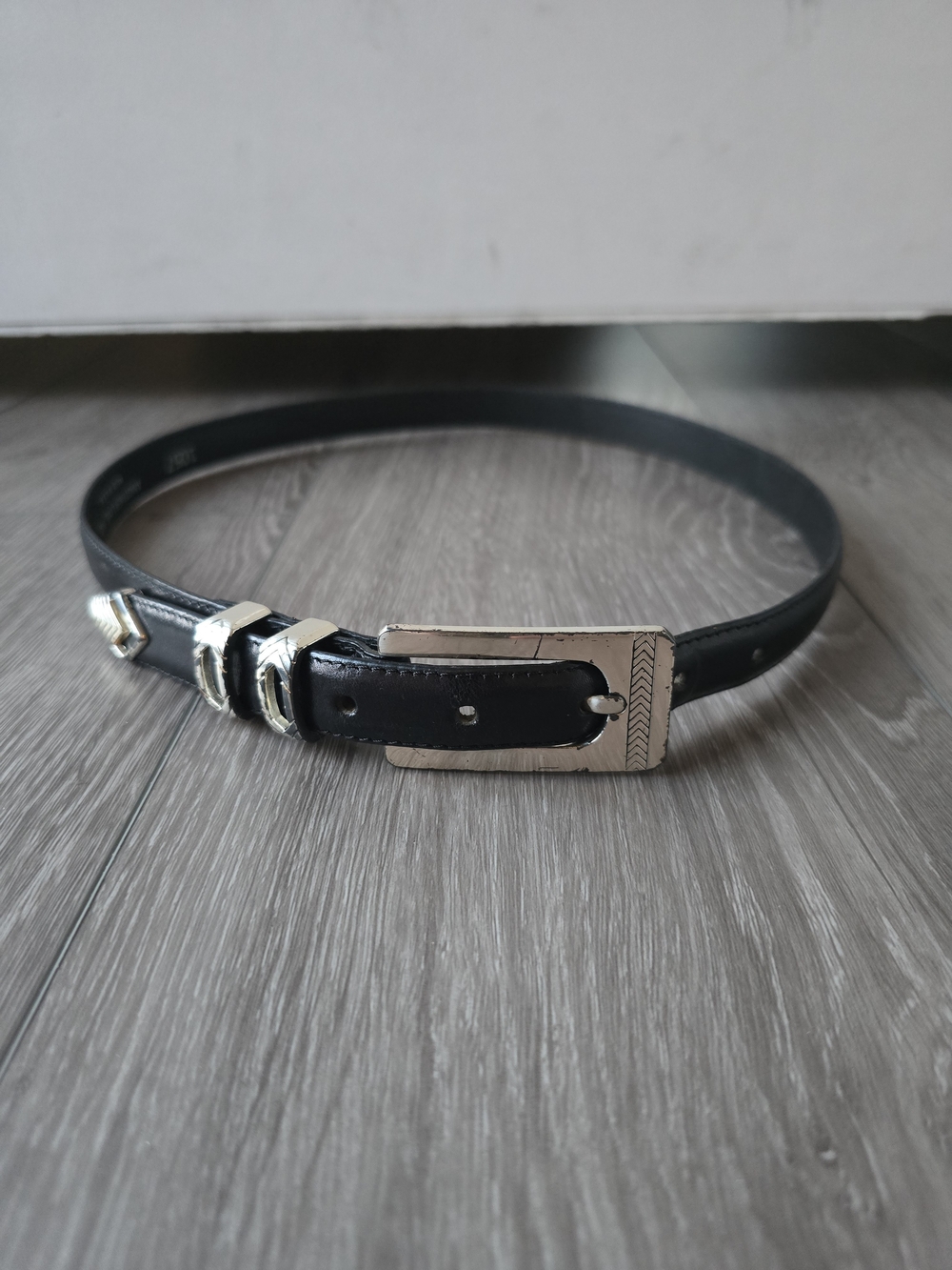 Another Line Vintage Black Leather Western Silver Buckle Skinny Belt Size 30 USA